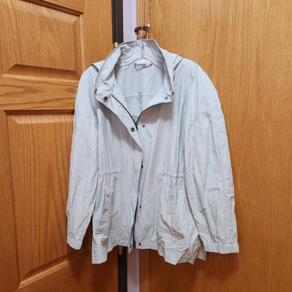 Eileen Fisher Pale Green Rain Hooded Utility Jacket L G Lightweight Drawstring